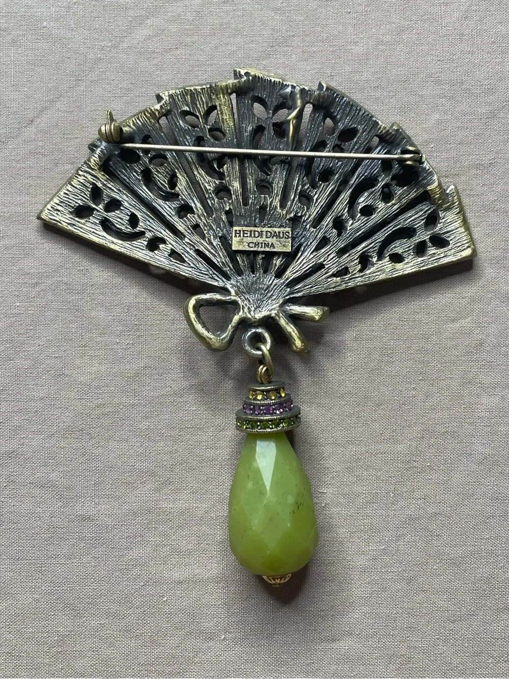 Heidi Daus Vintage Fan Brooch Crystals Pin Green Purple Rust Pave Broach FLAWs